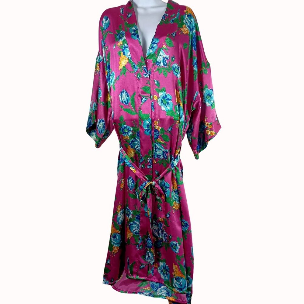 Vintage Katherine Bishop Floral Satin Robe Kimono Style Belted Loungewear Glam